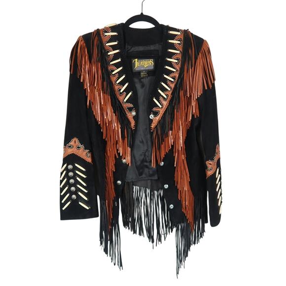 Vintage 90s Diamond Leathers Black Leather Fringe Western Biker Jacket 8 - Picture 6 of 8